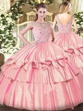 Beading and Ruffled Layers Vestidos de Quinceanera Rose Pink Zipper Sleeveless Floor Length