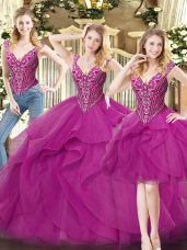 Discount V-neck Sleeveless Lace Up Sweet 16 Quinceanera Dress Fuchsia Organza