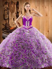 With Train Multi-color Quinceanera Gown Satin and Fabric With Rolling Flowers Sweep Train Sleeveless Embroidery