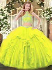Fitting Yellow Green Two Pieces High-neck Sleeveless Tulle Floor Length Backless Beading and Ruffles 15th Birthday Dress