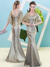 Silver Half Sleeves Sequins Floor Length