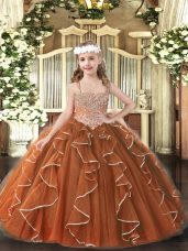 Tulle Straps Sleeveless Lace Up Beading and Ruffles Kids Formal Wear in Brown
