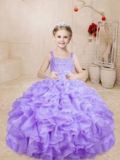 Floor Length Lace Up Pageant Gowns For Girls Lavender for Sweet 16 and Quinceanera with Beading and Ruffles