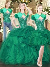 High Class Beading and Ruffles Quinceanera Dress Dark Green Lace Up Sleeveless Floor Length