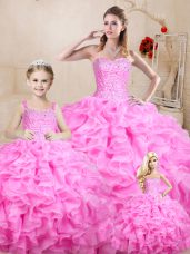 Rose Pink Ball Gowns Sweetheart Sleeveless Organza Floor Length Lace Up Beading and Ruffles Sweet 16 Quinceanera Dress