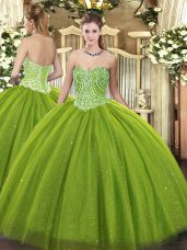 Tulle Sweetheart Sleeveless Lace Up Beading Quinceanera Dress in Olive Green