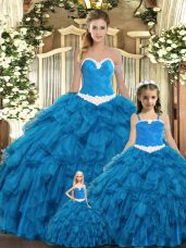 Great Floor Length Lace Up Quinceanera Gowns Teal for Military Ball and Sweet 16 and Quinceanera with Ruffles