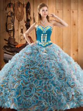 Multi-color Satin and Fabric With Rolling Flowers Lace Up Sweetheart Sleeveless With Train Vestidos de Quinceanera Sweep Train Embroidery