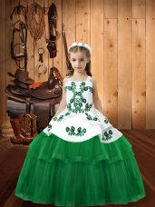 Great Green Ball Gowns Straps Sleeveless Tulle Floor Length Lace Up Embroidery Pageant Dress