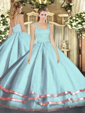 Inexpensive Ball Gowns 15 Quinceanera Dress Light Blue Straps Tulle Sleeveless Floor Length Zipper