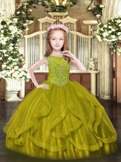 Sleeveless Zipper Floor Length Beading and Ruffles Kids Pageant Dress