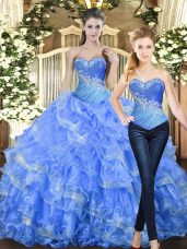Stylish Tulle Sweetheart Sleeveless Lace Up Beading and Ruffles 15th Birthday Dress in Baby Blue