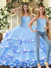 Baby Blue Ball Gowns Beading and Ruffled Layers 15th Birthday Dress Lace Up Tulle Sleeveless Floor Length