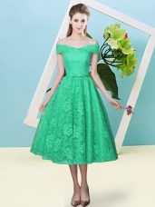 Elegant Bowknot Wedding Party Dress Turquoise Lace Up Cap Sleeves Tea Length