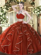 Rust Red Backless Sweet 16 Quinceanera Dress Beading and Ruffles Sleeveless Floor Length