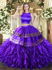 Cheap Floor Length Criss Cross 15 Quinceanera Dress Purple for Military Ball and Sweet 16 and Quinceanera with Ruffles and Sequins