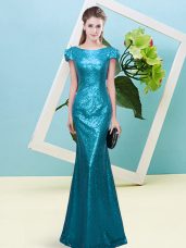 Free and Easy Teal Scoop Zipper Sequins Cap Sleeves