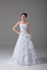 Hot Selling Hand Made Flower Wedding Gown White Lace Up Sleeveless Brush Train
