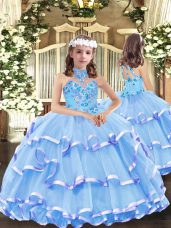 High-neck Sleeveless Lace Up Pageant Dress for Teens Baby Blue Organza