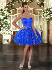 Comfortable Sleeveless Organza Mini Length Lace Up Evening Dress in Blue with Ruffles