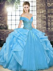 Off The Shoulder Sleeveless Lace Up Ball Gown Prom Dress Baby Blue Organza