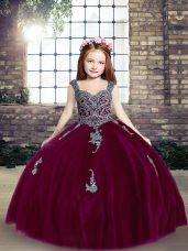 High Class Spaghetti Straps Sleeveless Little Girl Pageant Dress Floor Length Appliques Fuchsia Tulle
