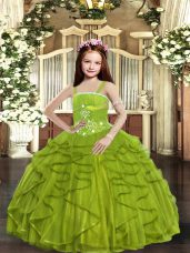 Dramatic Olive Green Sleeveless Tulle Lace Up Little Girl Pageant Gowns for Party and Wedding Party