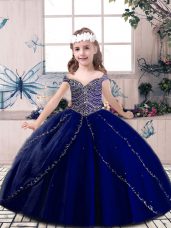 Blue Ball Gowns Tulle Straps Sleeveless Beading Floor Length Lace Up Kids Formal Wear