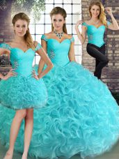 High Class Off The Shoulder Sleeveless Lace Up Sweet 16 Dresses Aqua Blue Fabric With Rolling Flowers