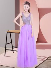 Tulle V-neck Sleeveless Zipper Beading in Lavender