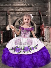 Exquisite Purple Off The Shoulder Lace Up Beading and Embroidery and Ruffles Pageant Gowns For Girls Sleeveless