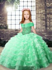 Latest Apple Green Sleeveless Floor Length Beading and Ruffled Layers Lace Up Pageant Gowns For Girls
