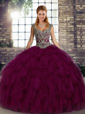 Floor Length Lace Up Quinceanera Dress Dark Purple for Military Ball and Sweet 16 and Quinceanera with Beading and Ruffles