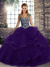 Purple Lace Up Quince Ball Gowns Beading and Ruffles Sleeveless Floor Length