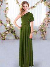 Floor Length Criss Cross Quinceanera Dama Dress Olive Green for Wedding Party with Ruching