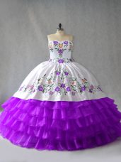 White And Purple Sleeveless Organza Lace Up Quinceanera Dress for Sweet 16 and Quinceanera