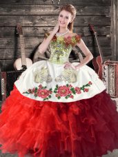 Off The Shoulder Sleeveless Organza Sweet 16 Quinceanera Dress Embroidery and Ruffles Lace Up