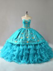 Sleeveless Floor Length Embroidery and Ruffles Lace Up Sweet 16 Dresses with Aqua Blue