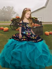 Floor Length Teal Little Girl Pageant Gowns Tulle Sleeveless Embroidery and Ruffles