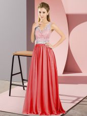 Flirting Red Empire One Shoulder Sleeveless Chiffon Floor Length Backless Beading and Lace Prom Evening Gown