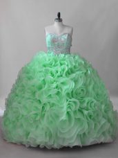 Designer Ball Gowns Sweetheart Sleeveless Fabric With Rolling Flowers Brush Train Lace Up Beading Quinceanera Gown
