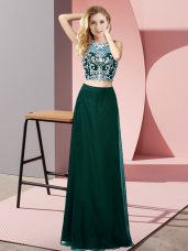 Peacock Green Chiffon Backless Scoop Sleeveless Floor Length Beading
