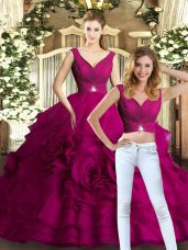 Super Beading and Ruffles Sweet 16 Dress Fuchsia Backless Sleeveless Floor Length