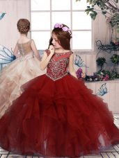 Red Organza Lace Up Pageant Dress Toddler Sleeveless Floor Length Beading and Ruffles