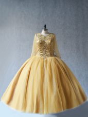 Edgy Floor Length Gold Quince Ball Gowns Tulle Sleeveless Beading