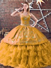 Gold Lace Up Sweetheart Embroidery and Ruffled Layers Quinceanera Gown Organza Sleeveless