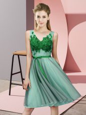 Fitting Apple Green Sleeveless Appliques Knee Length Court Dresses for Sweet 16