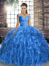 Sleeveless Organza Brush Train Lace Up Sweet 16 Dresses in Blue with Beading and Ruffles