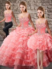 Charming Watermelon Red Ball Gowns Organza Straps Sleeveless Beading and Ruffled Layers Lace Up Ball Gown Prom Dress Court Train