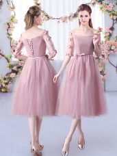 Popular Pink Empire Appliques and Belt Bridesmaid Dress Lace Up Tulle Half Sleeves Tea Length